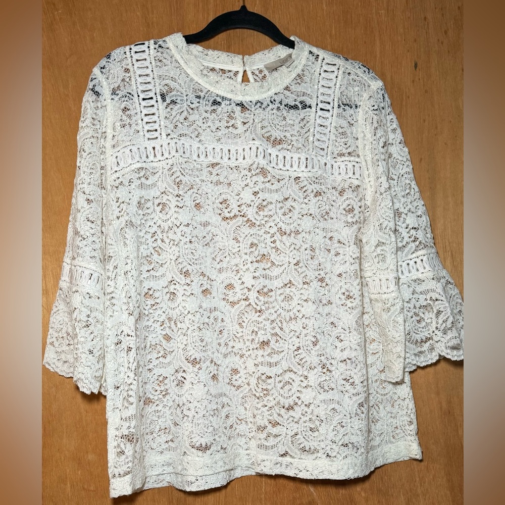 LOFT cream lace high neck shirt with 3 quarter length sleeves